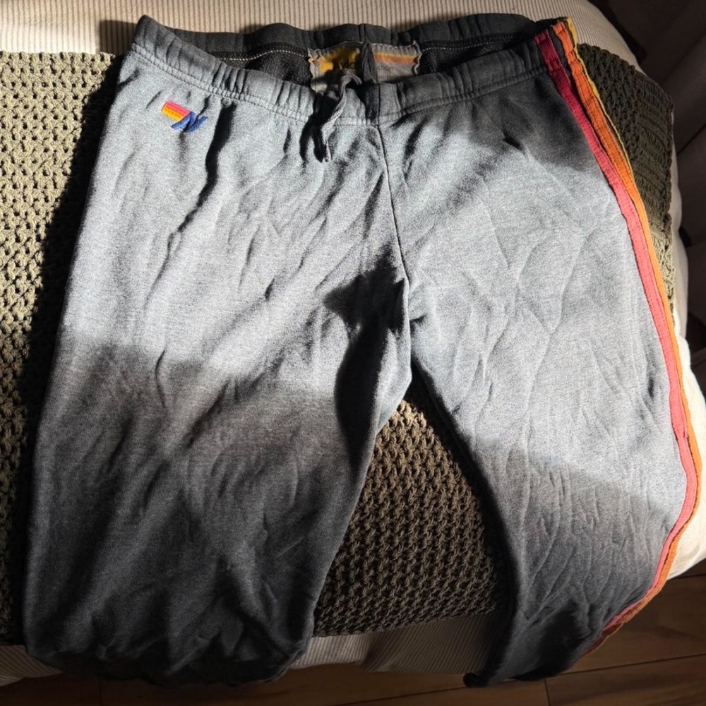 Aviator Nation Gray Joggers with Red and Yellow Stripes